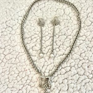 Silver Rope Link Adjustable Length Necklace & Earrings with Pearl Drop